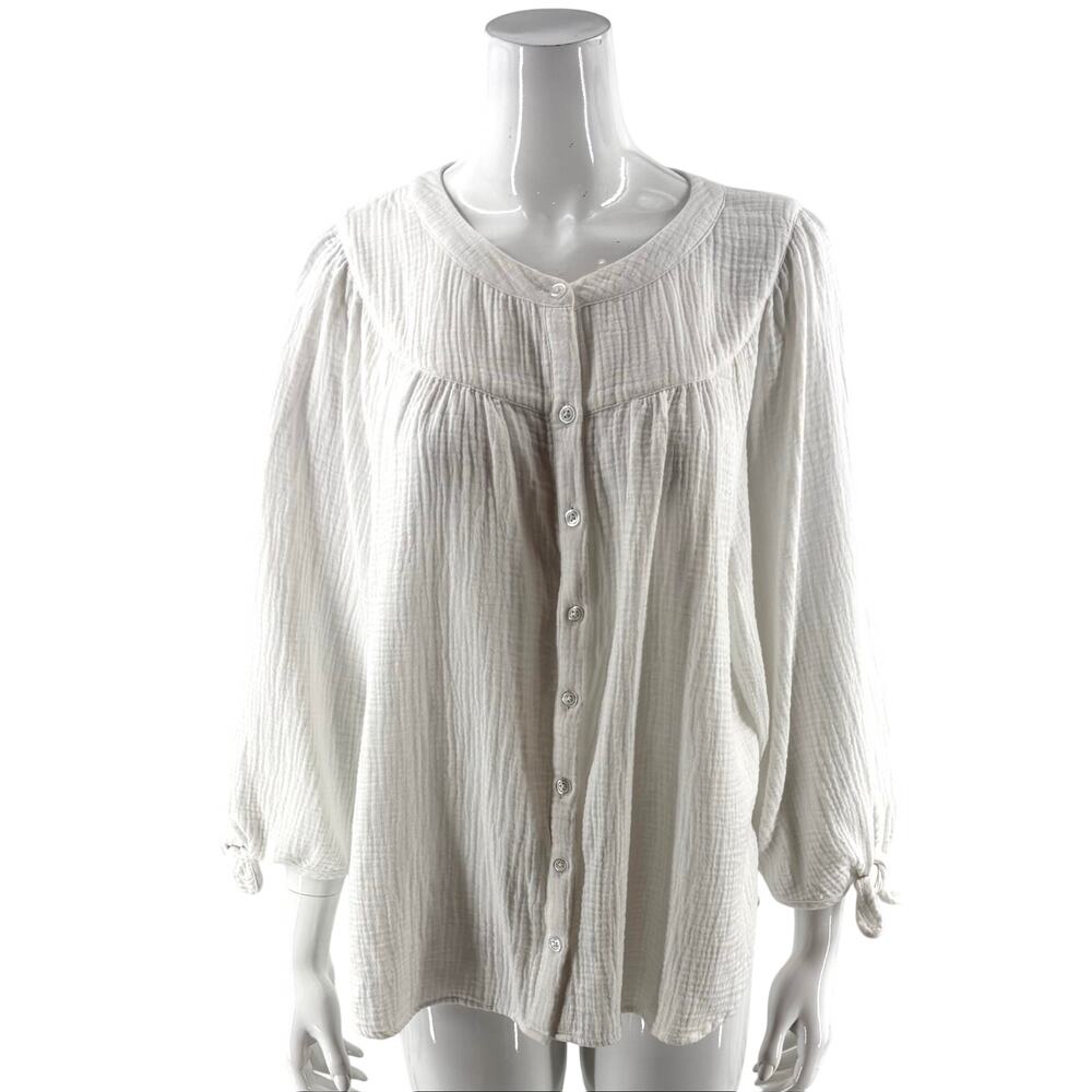 Talbots Womens Top Size Large White Gauzy Cotton Button Up 3/4 Tie Sleeve